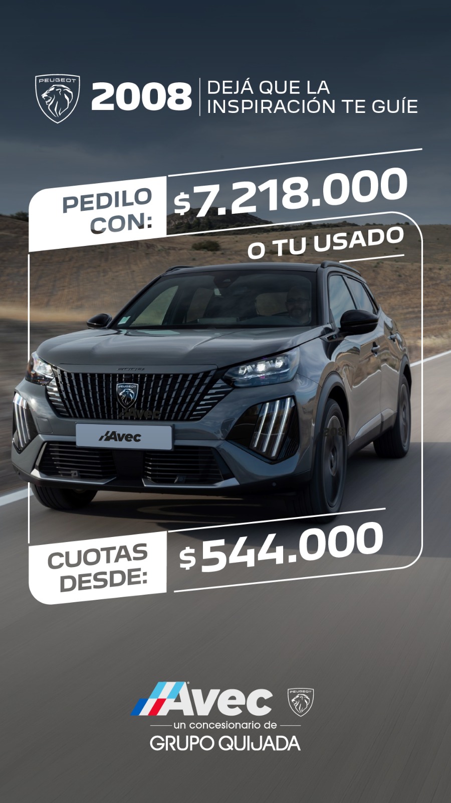 Peugeot 2008: pieza comercial AVEC con cuotas desde $544.000 y pedido con $7.218.000 o usado.