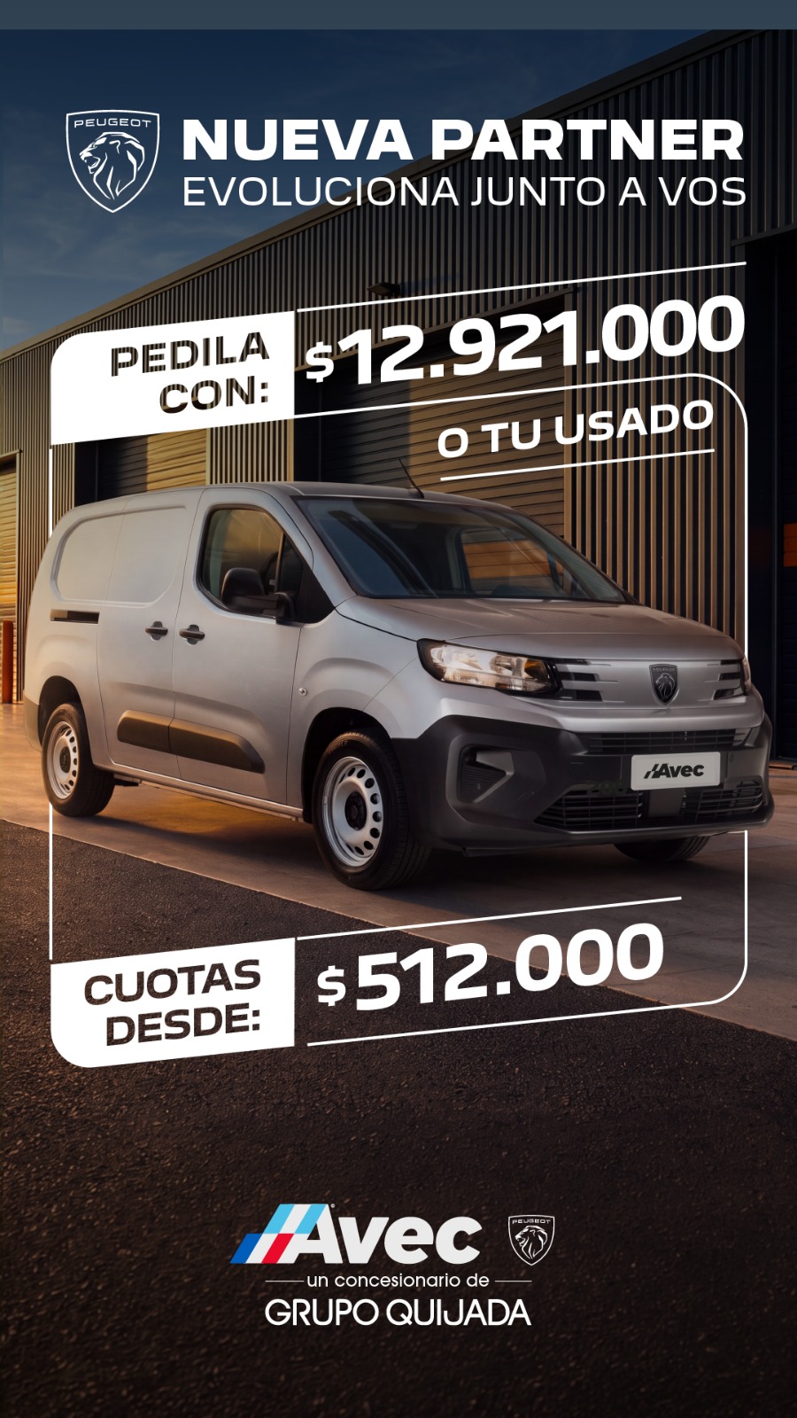 Nueva Peugeot Partner: pieza comercial AVEC con cuotas desde $512.000 y pedido con $12.921.000 o usado.